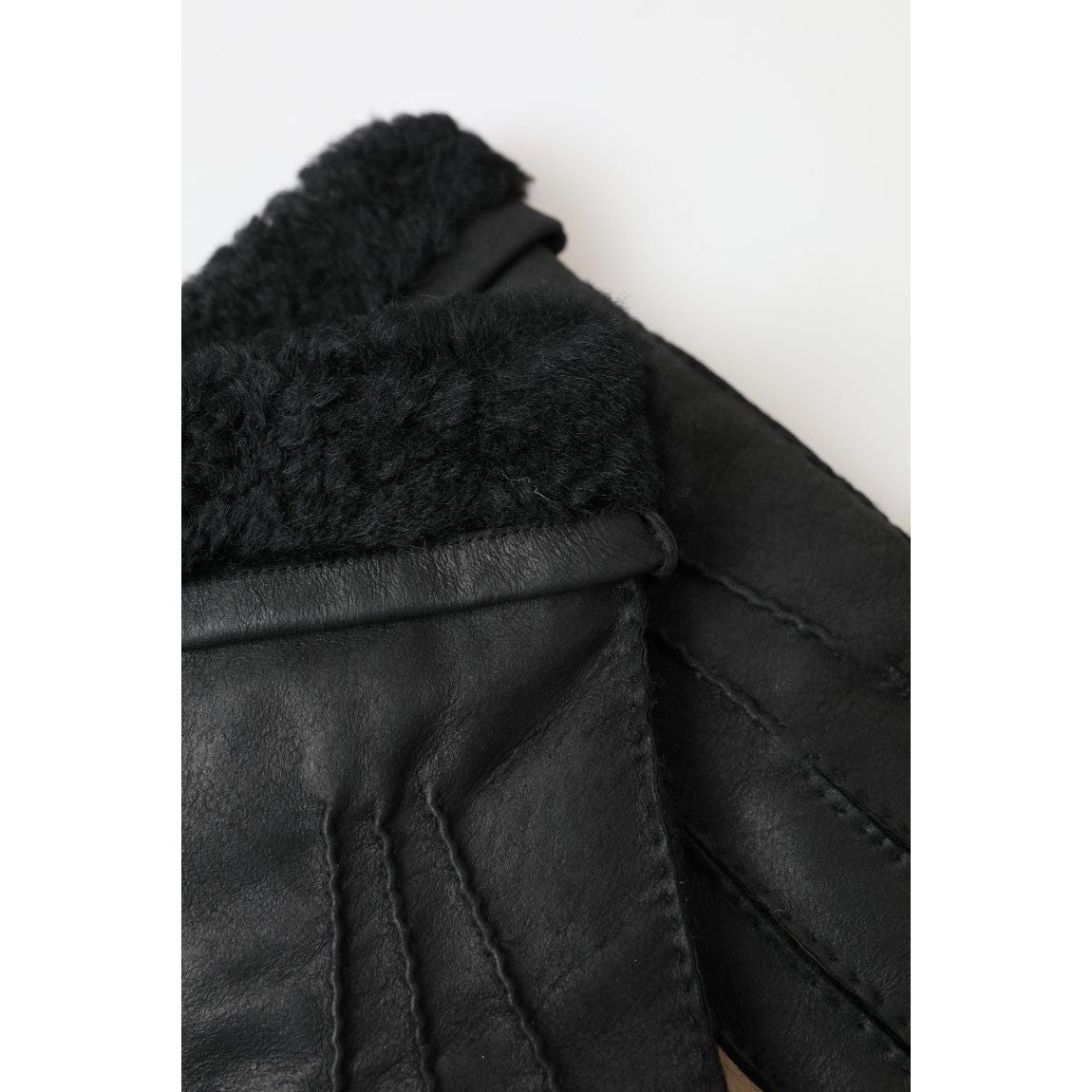 Dolce & Gabbana Black Leather Fur Short Hands Mitten Men Gloves Dolce & Gabbana