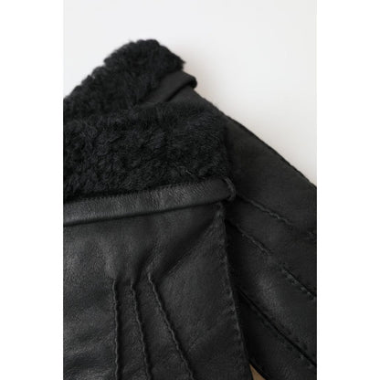 Dolce & Gabbana Black Leather Fur Short Hands Mitten Men Gloves Dolce & Gabbana