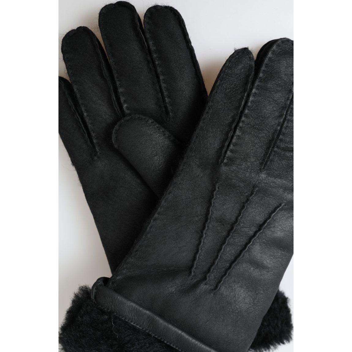 Dolce & Gabbana Black Leather Fur Short Hands Mitten Men Gloves Dolce & Gabbana
