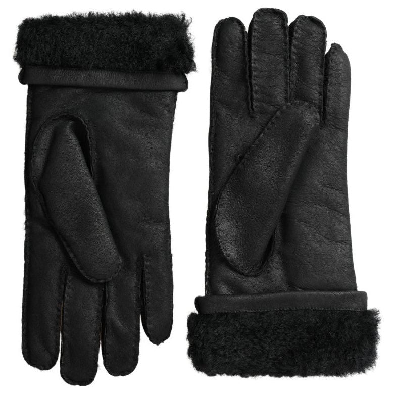Dolce & Gabbana Black Leather Fur Short Hands Mitten Men Gloves Dolce & Gabbana