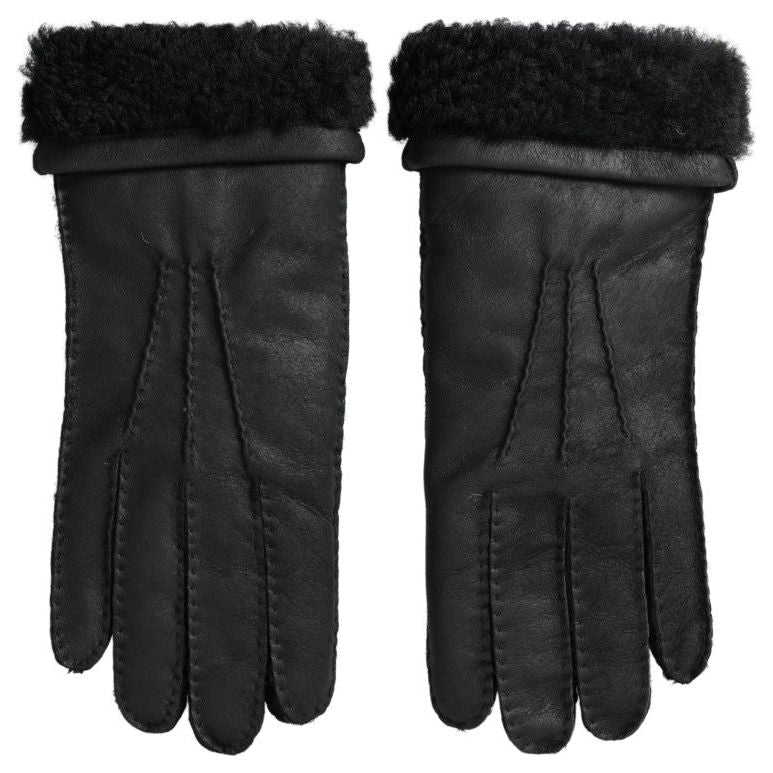 Dolce & Gabbana Black Leather Fur Short Hands Mitten Men Gloves Dolce & Gabbana