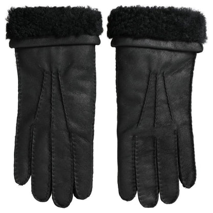 Dolce & Gabbana Black Leather Fur Short Hands Mitten Men Gloves Dolce & Gabbana