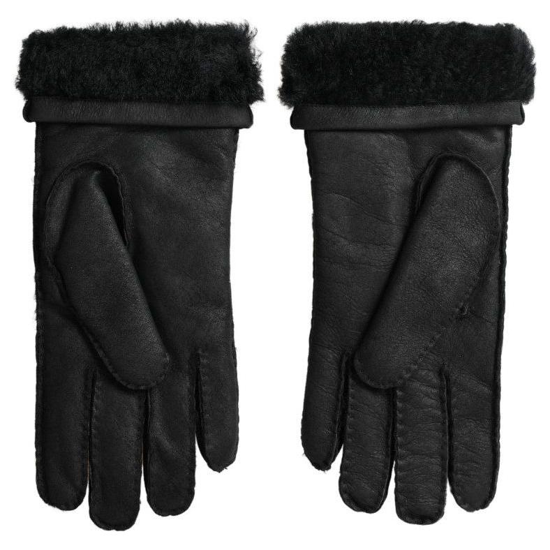 Dolce & Gabbana Black Leather Fur Short Hands Mitten Men Gloves Dolce & Gabbana
