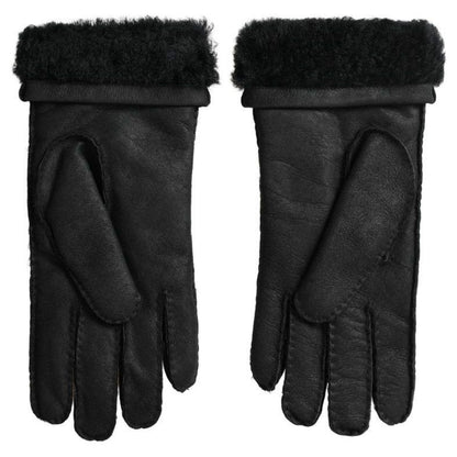 Dolce & Gabbana Black Leather Fur Short Hands Mitten Men Gloves Dolce & Gabbana