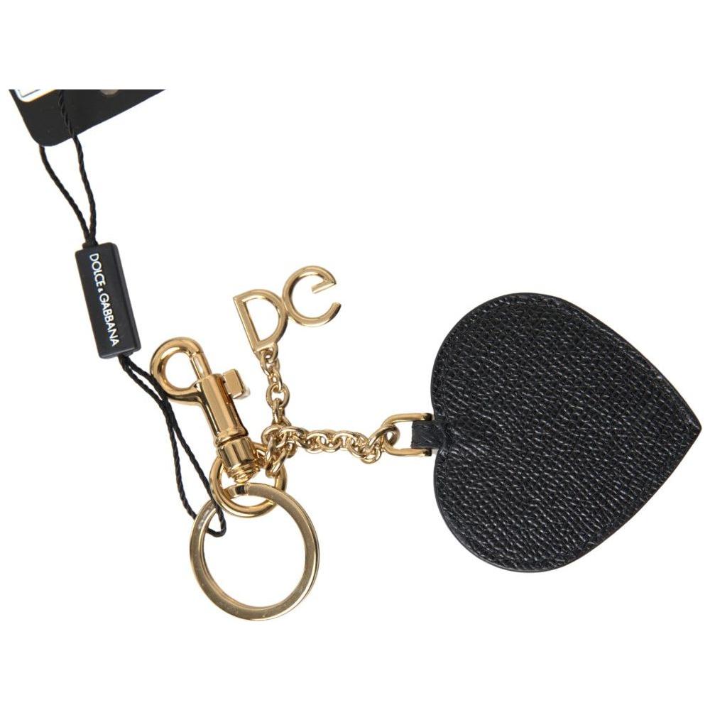 Dolce & Gabbana Black Fuchsia Heart Leather Gold Metal Keyring Keychain Dolce & Gabbana