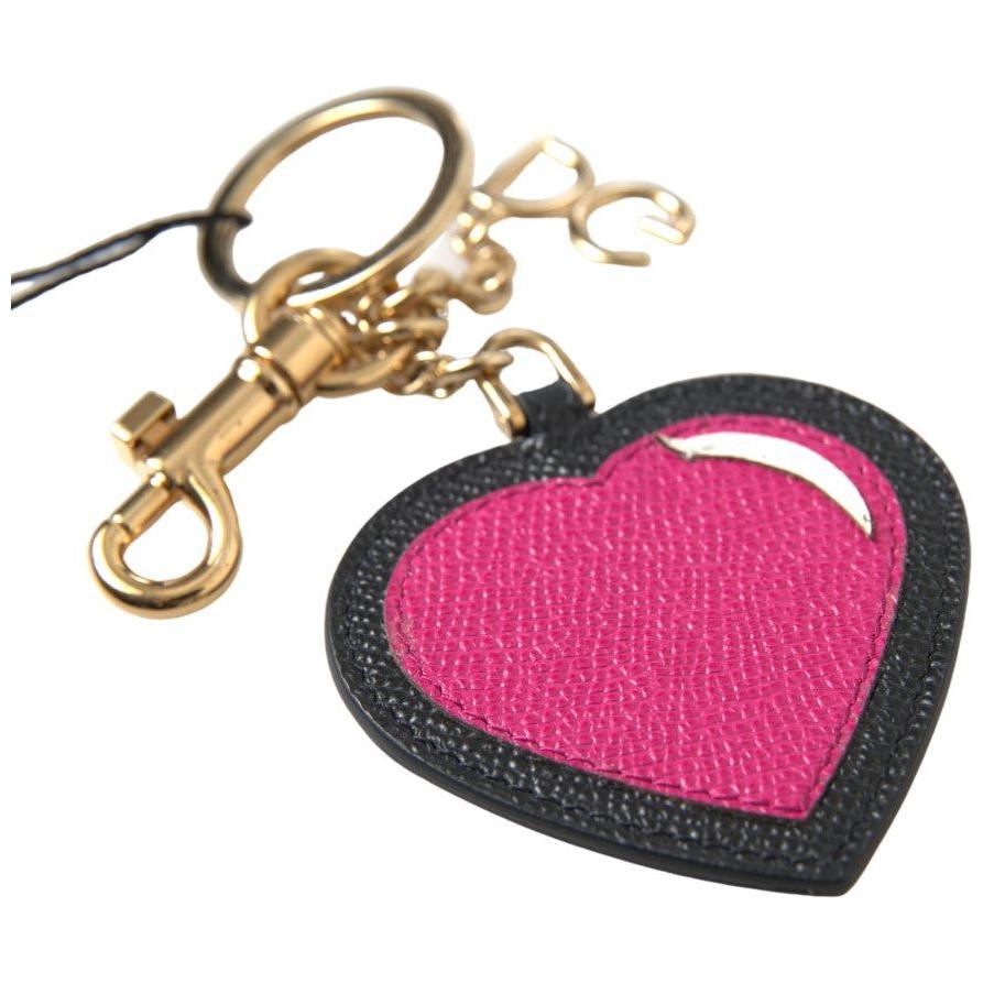 Dolce & Gabbana Black Fuchsia Heart Leather Gold Metal Keyring Keychain Dolce & Gabbana