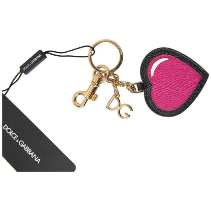 Dolce & Gabbana Black Fuchsia Heart Leather Gold Metal Keyring Keychain Dolce & Gabbana