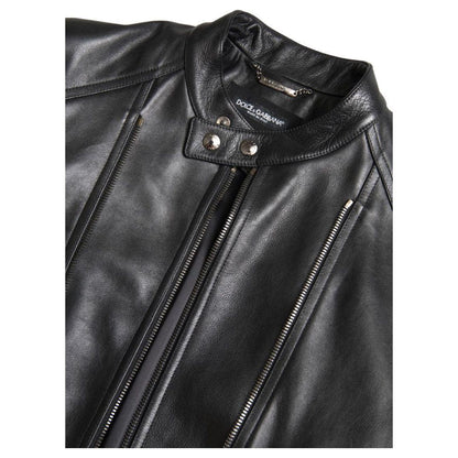 Dolce & Gabbana Black Leather Zipper Coat Men Jacket Dolce & Gabbana