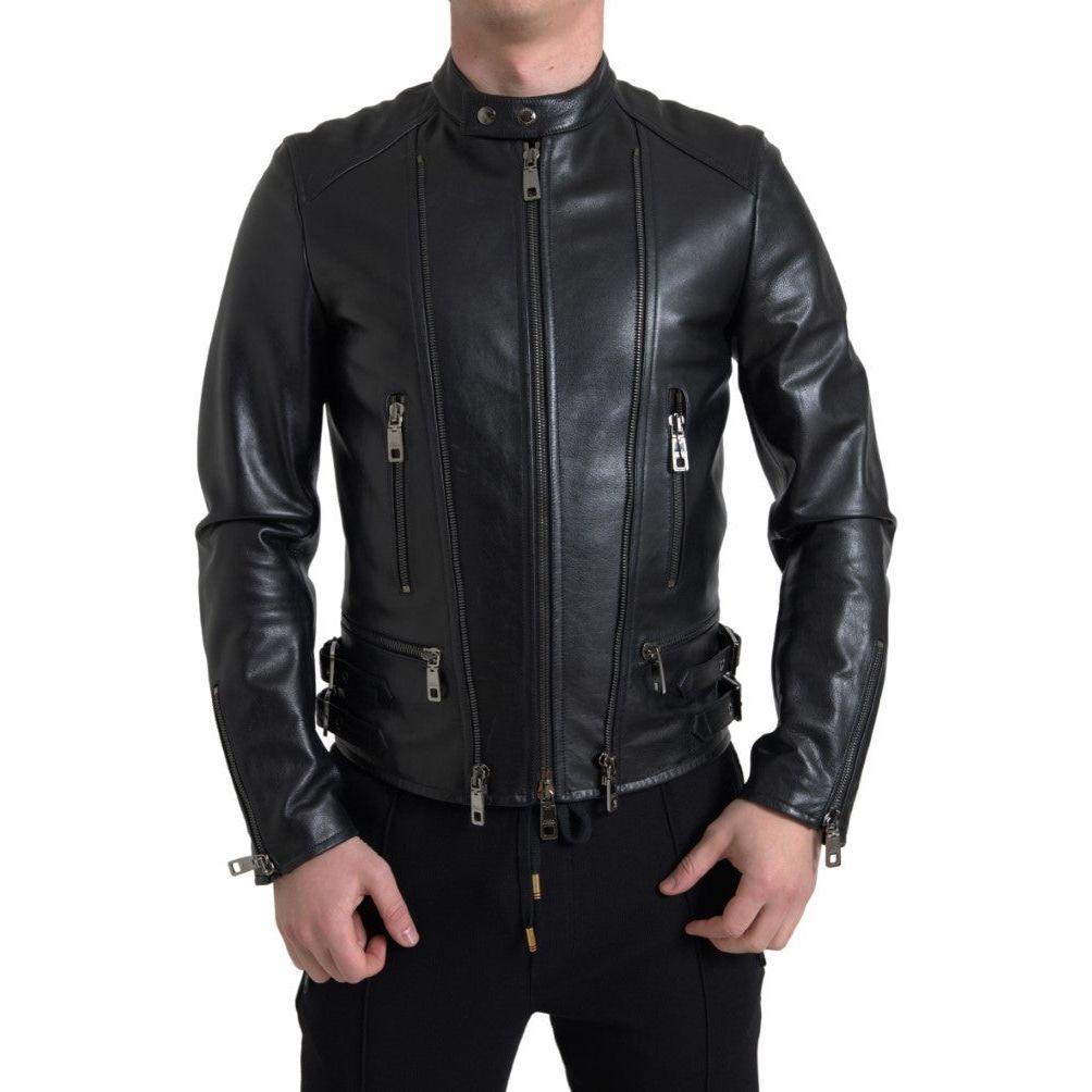 Dolce & Gabbana Black Leather Zipper Coat Men Jacket Dolce & Gabbana