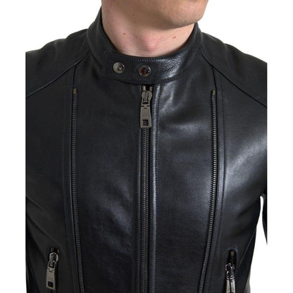 Dolce & Gabbana Black Leather Zipper Coat Men Jacket Dolce & Gabbana