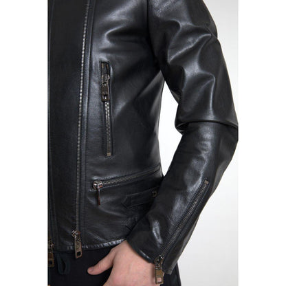 Dolce & Gabbana Black Leather Zipper Coat Men Jacket Dolce & Gabbana