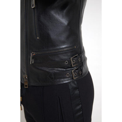 Dolce & Gabbana Black Leather Zipper Coat Men Jacket Dolce & Gabbana