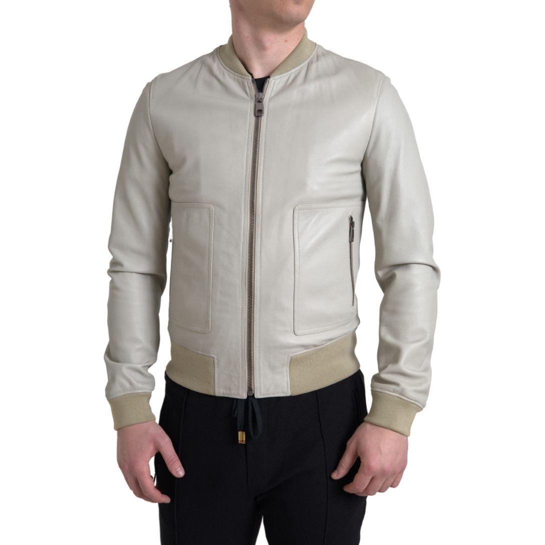 Dolce & Gabbana Cream Leather Bomber Blouson Full Zip Jacket Dolce & Gabbana