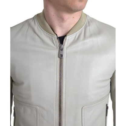 Dolce & Gabbana Cream Leather Bomber Blouson Full Zip Jacket Dolce & Gabbana