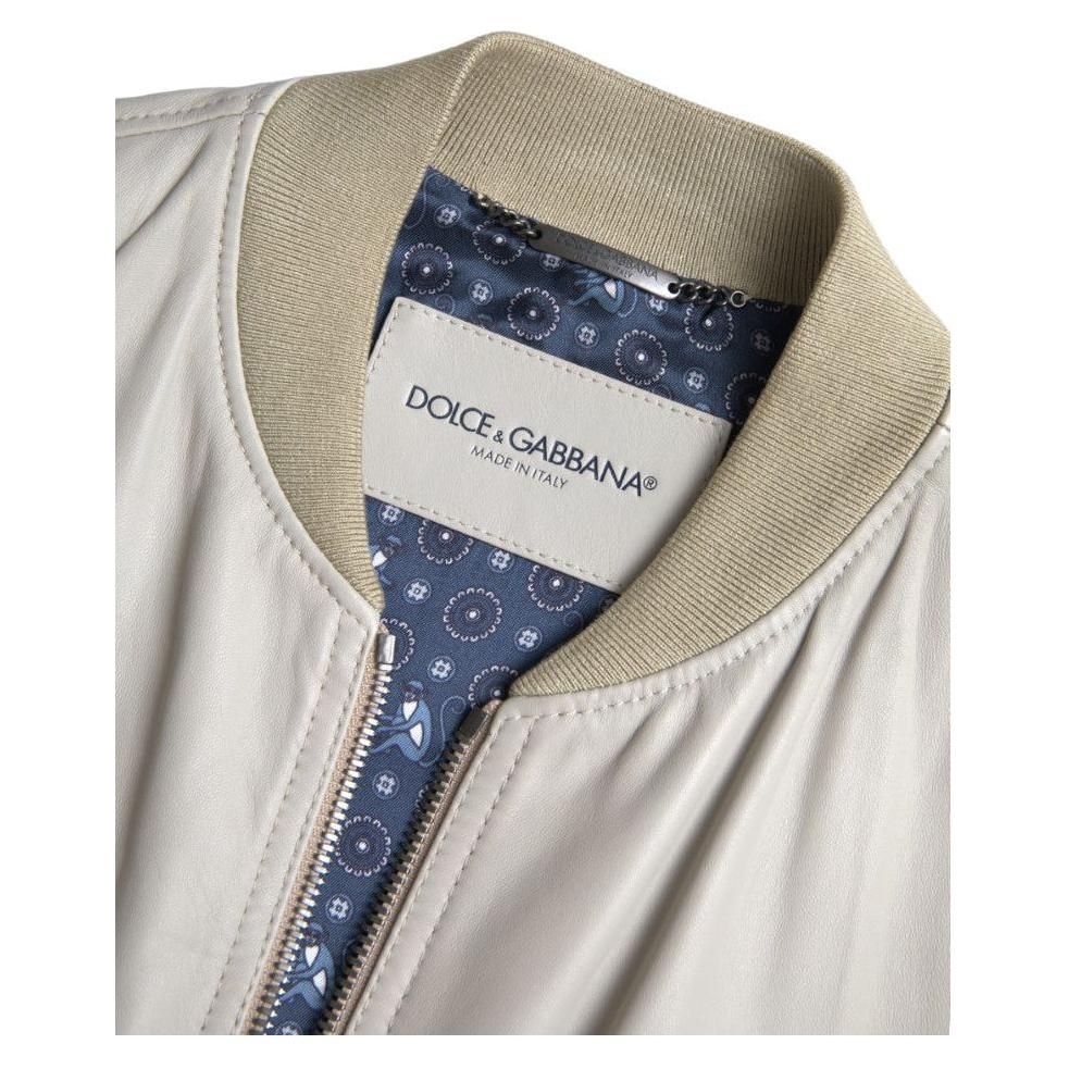 Dolce & Gabbana Cream Leather Bomber Blouson Full Zip Jacket Dolce & Gabbana