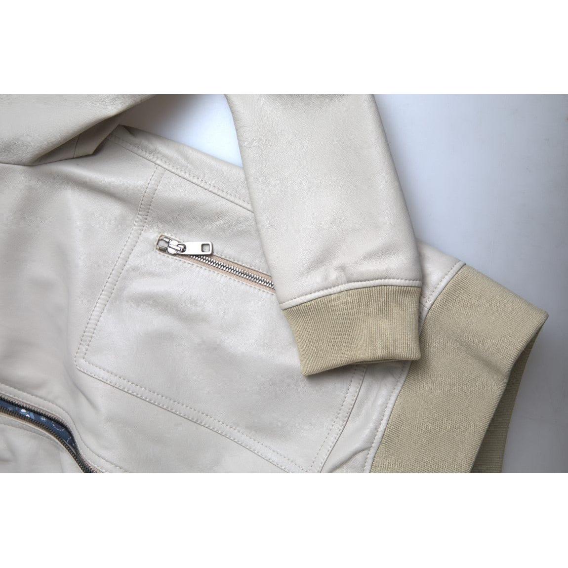 Dolce & Gabbana Cream Leather Bomber Blouson Full Zip Jacket Dolce & Gabbana