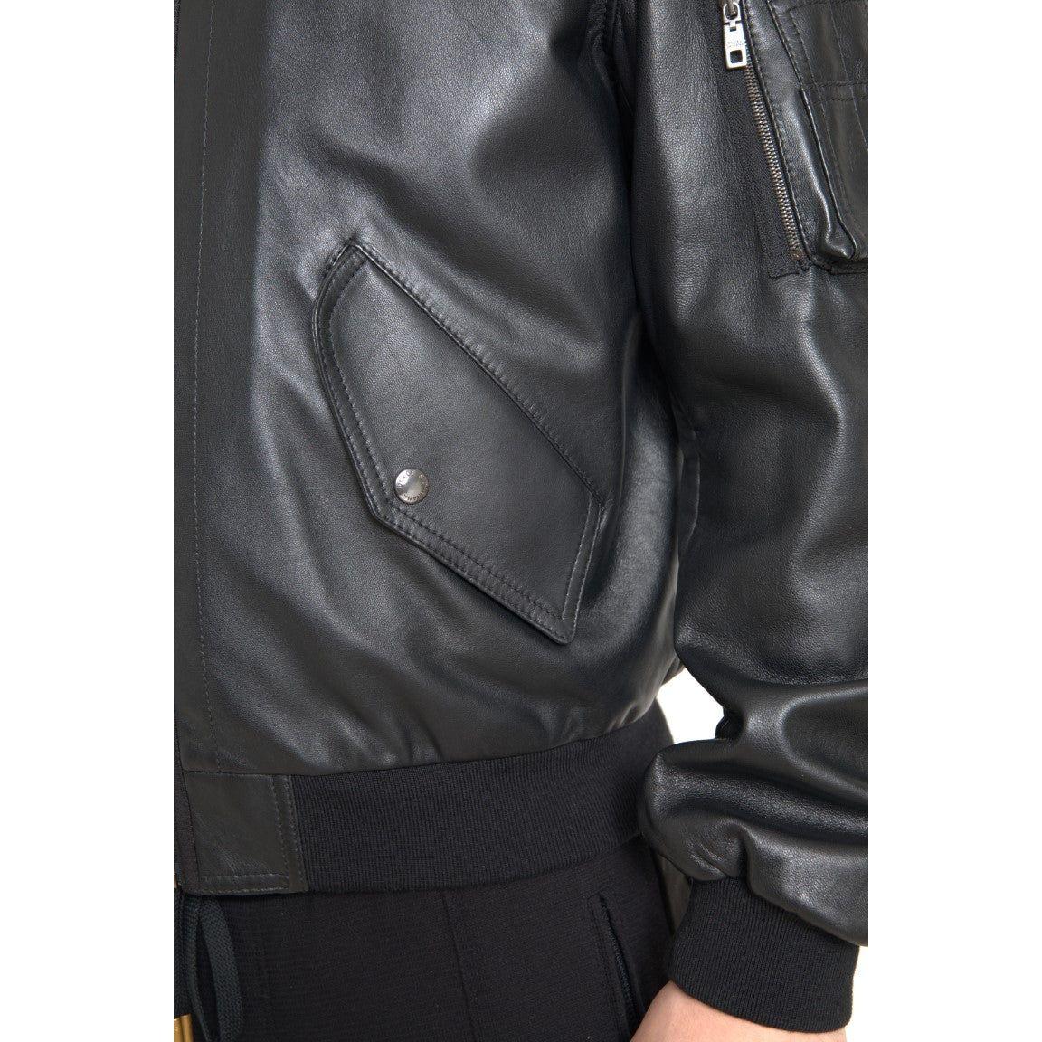 Dolce & Gabbana Black Leather Blouson Full Zip Bomber Jacket Dolce & Gabbana