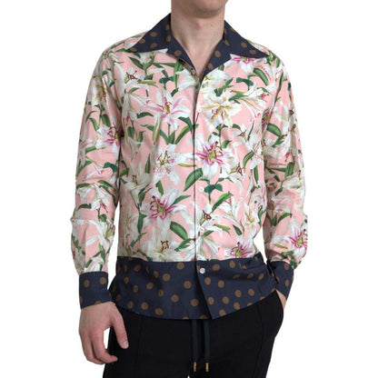 Dolce & Gabbana Cotton Polka Dot Lily Print Collared Shirt Dolce & Gabbana