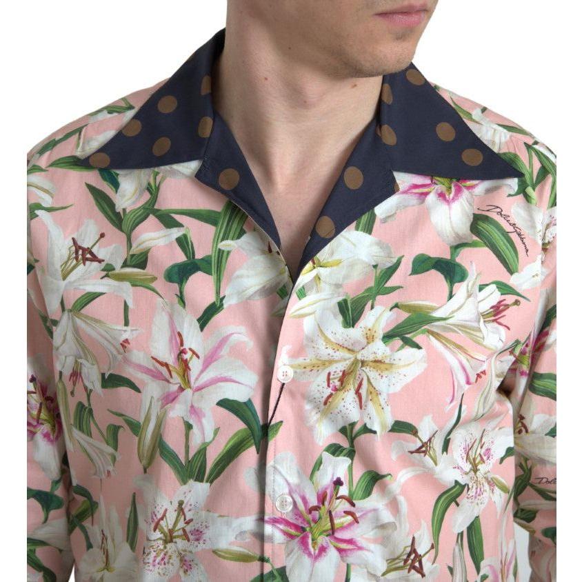 Dolce & Gabbana Cotton Polka Dot Lily Print Collared Shirt Dolce & Gabbana