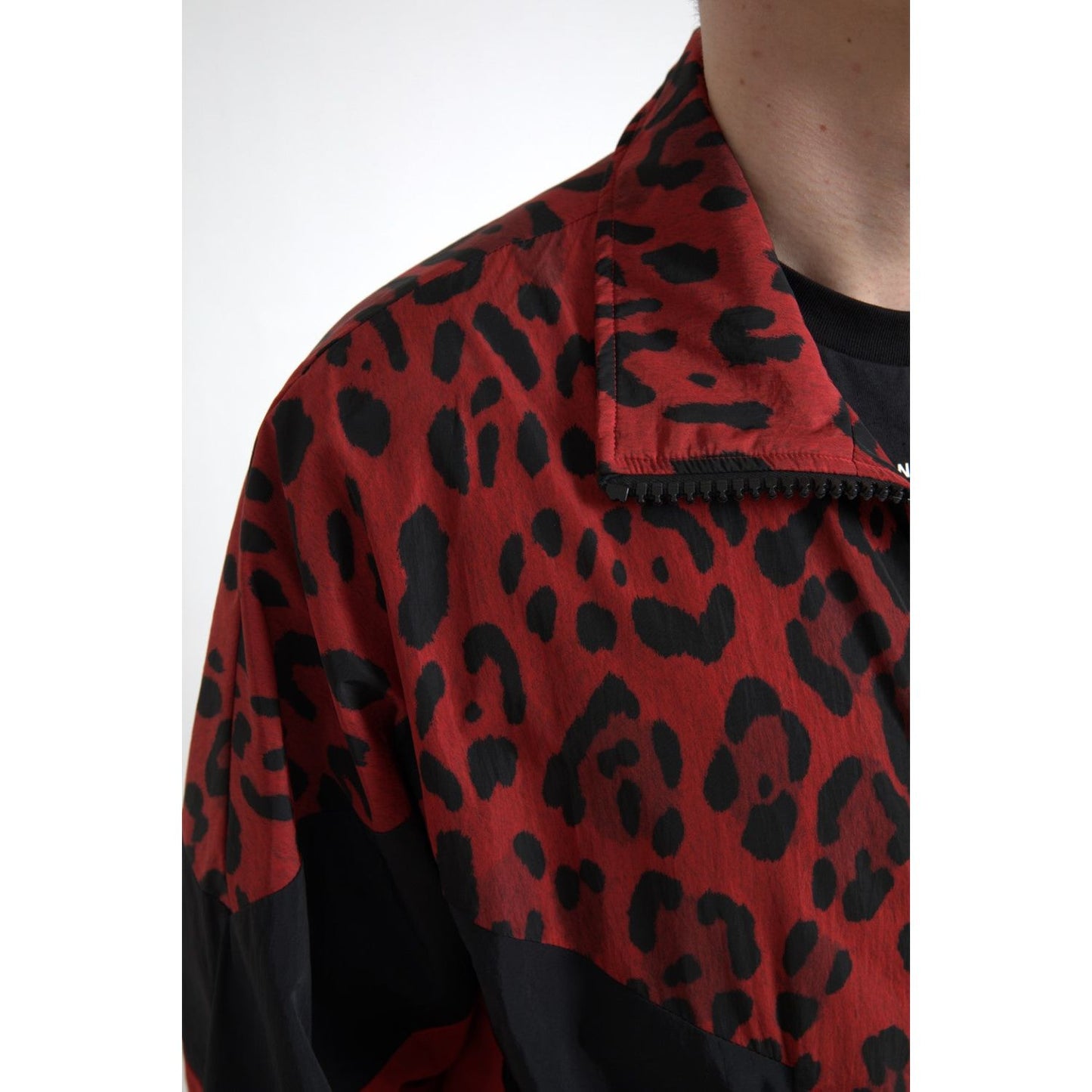 Dolce & Gabbana Red Leopard Nylon Full Zip Sweater Dolce & Gabbana