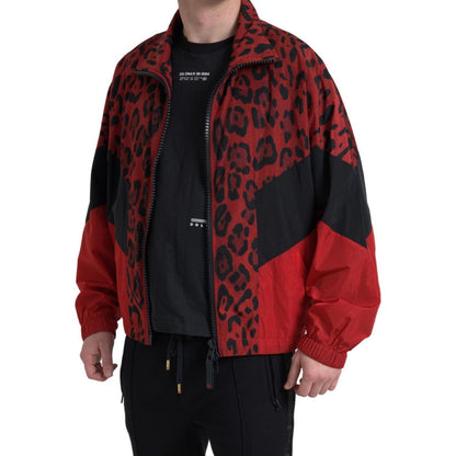 Dolce & Gabbana Red Leopard Nylon Full Zip Sweater Dolce & Gabbana