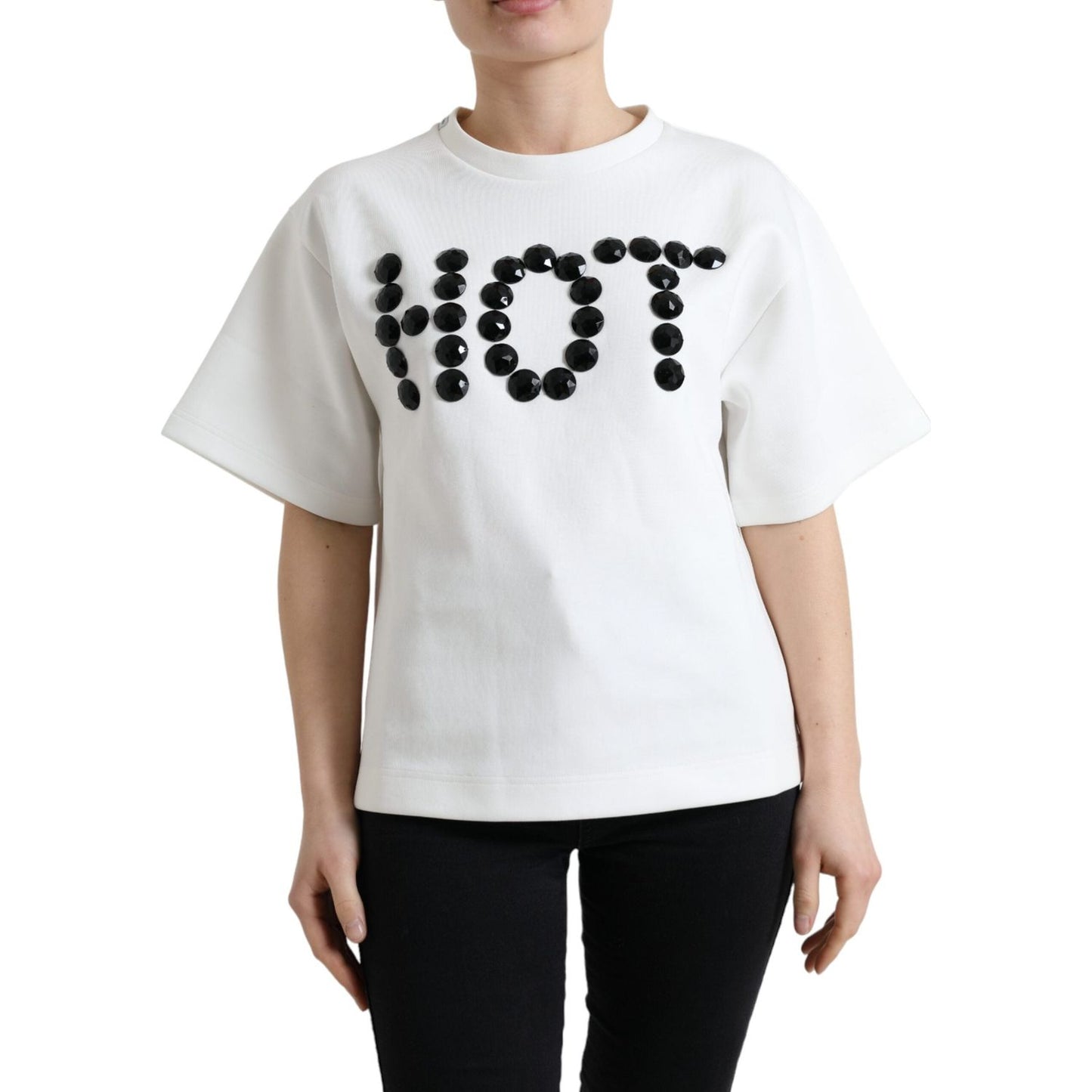 Dolce & Gabbana T-shirt White Cotton Stretch Black HOT Crystal Dolce & Gabbana