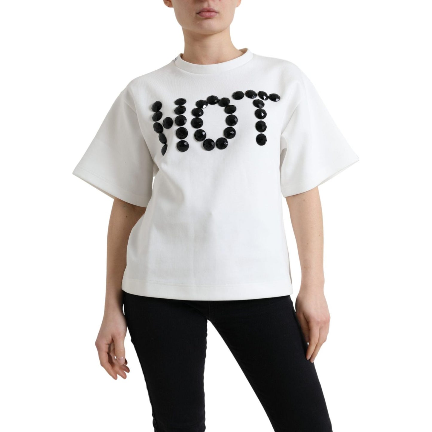 Dolce & Gabbana T-shirt White Cotton Stretch Black HOT Crystal Dolce & Gabbana