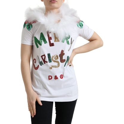 Dolce & Gabbana White Cotton Christmas Sequin Fur T-shirt Dolce & Gabbana