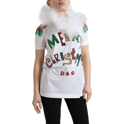 Dolce & Gabbana White Cotton Christmas Sequin Fur T-shirt Dolce & Gabbana