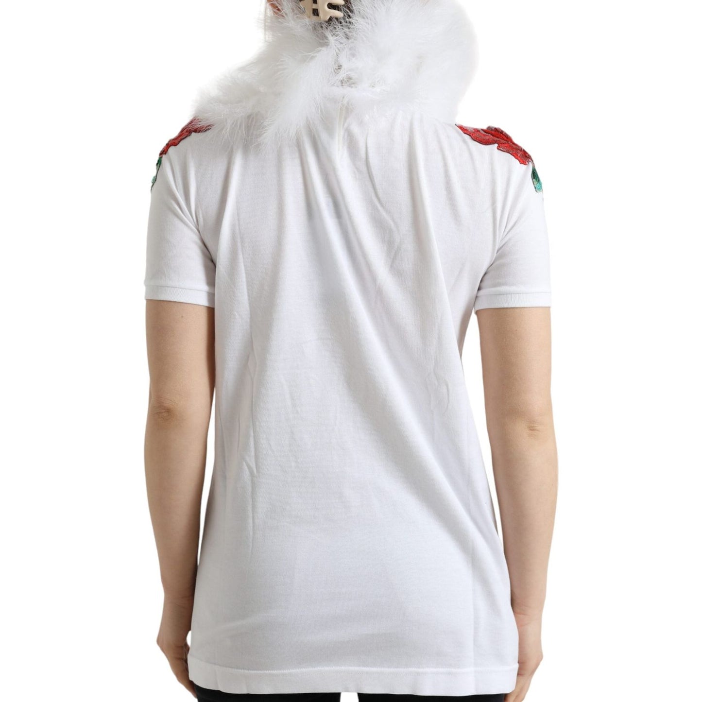 Dolce & Gabbana White Cotton Christmas Sequin Fur T-shirt Dolce & Gabbana