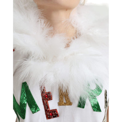 Dolce & Gabbana White Cotton Christmas Sequin Fur T-shirt Dolce & Gabbana