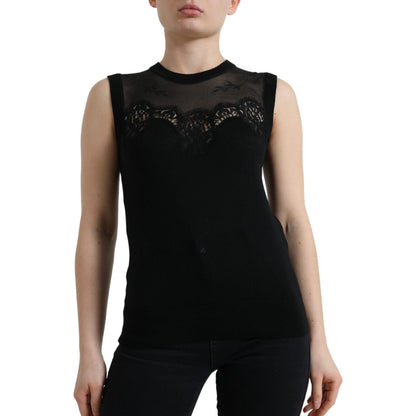 Dolce & Gabbana Black Cashmere Lace Trim Sleeveless Tank Top Dolce & Gabbana