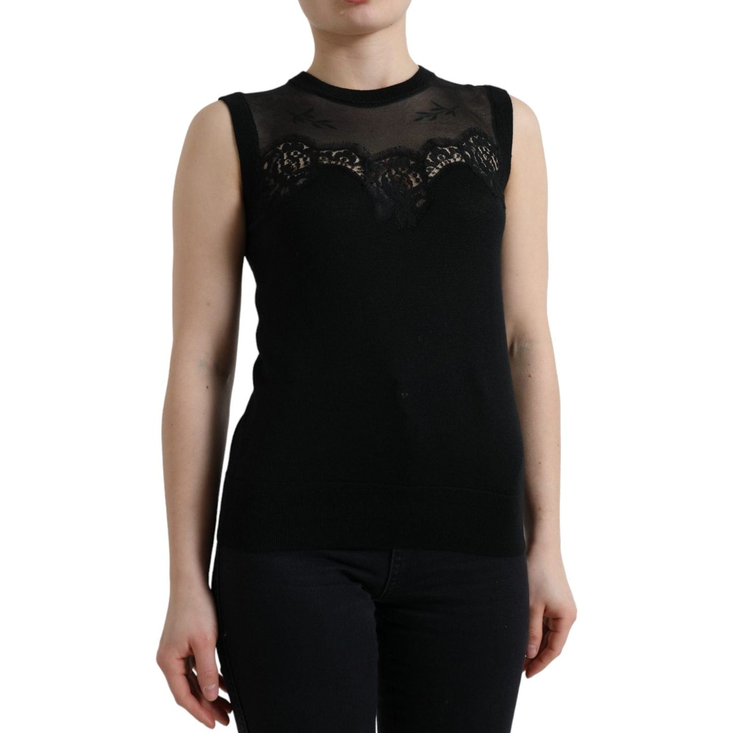 Dolce & Gabbana Black Cashmere Lace Trim Sleeveless Tank Top Dolce & Gabbana