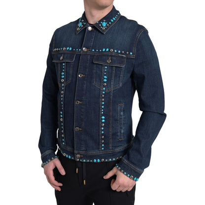 Dolce & Gabbana Blue Denim Turquoise Stones Studded Jacket Dolce & Gabbana