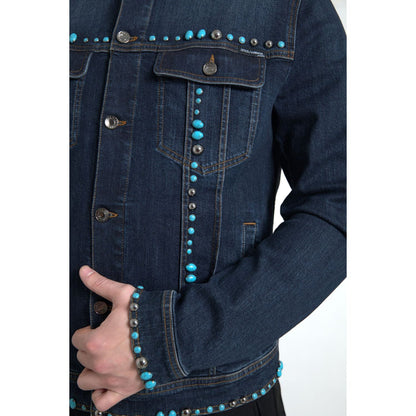 Dolce & Gabbana Blue Denim Turquoise Stones Studded Jacket Dolce & Gabbana