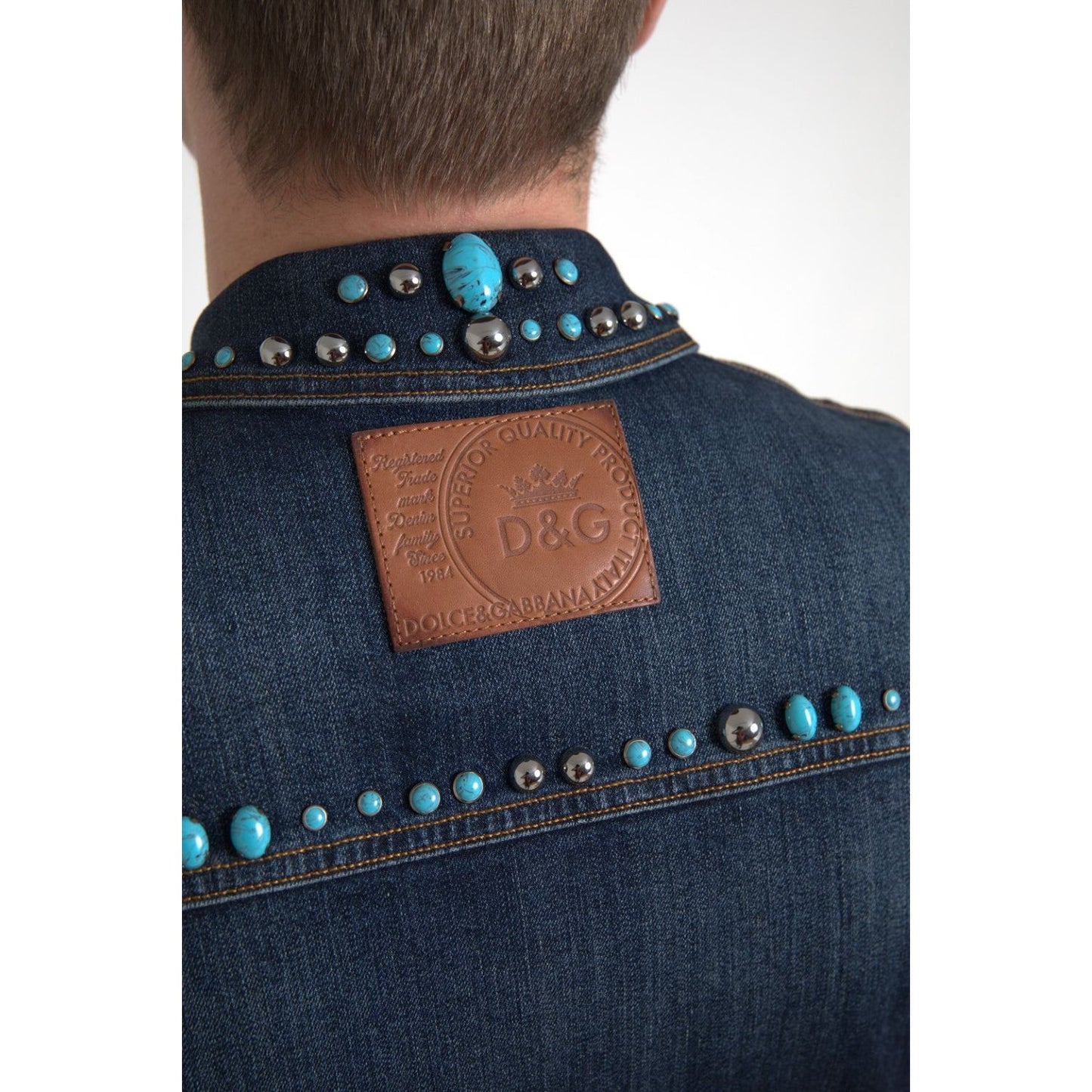Dolce & Gabbana Blue Denim Turquoise Stones Studded Jacket Dolce & Gabbana