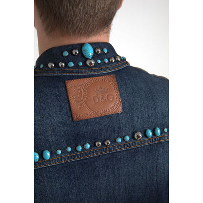 Dolce & Gabbana Blue Denim Turquoise Stones Studded Jacket Dolce & Gabbana