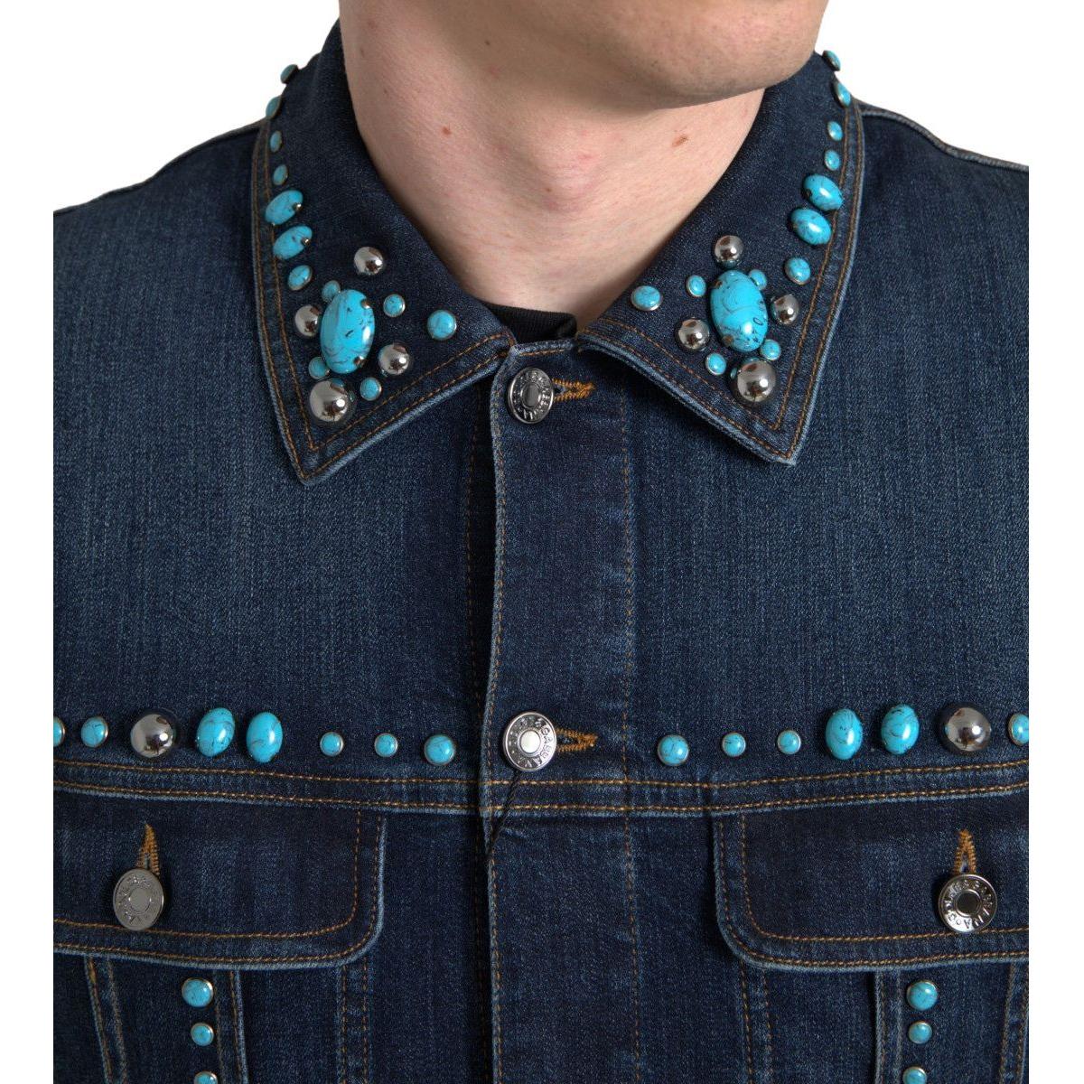 Dolce & Gabbana Blue Denim Turquoise Stones Studded Jacket Dolce & Gabbana