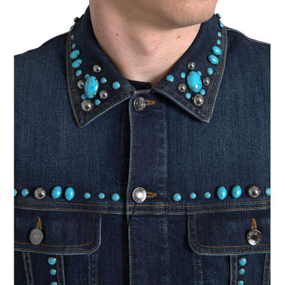 Dolce & Gabbana Blue Denim Turquoise Stones Studded Jacket Dolce & Gabbana