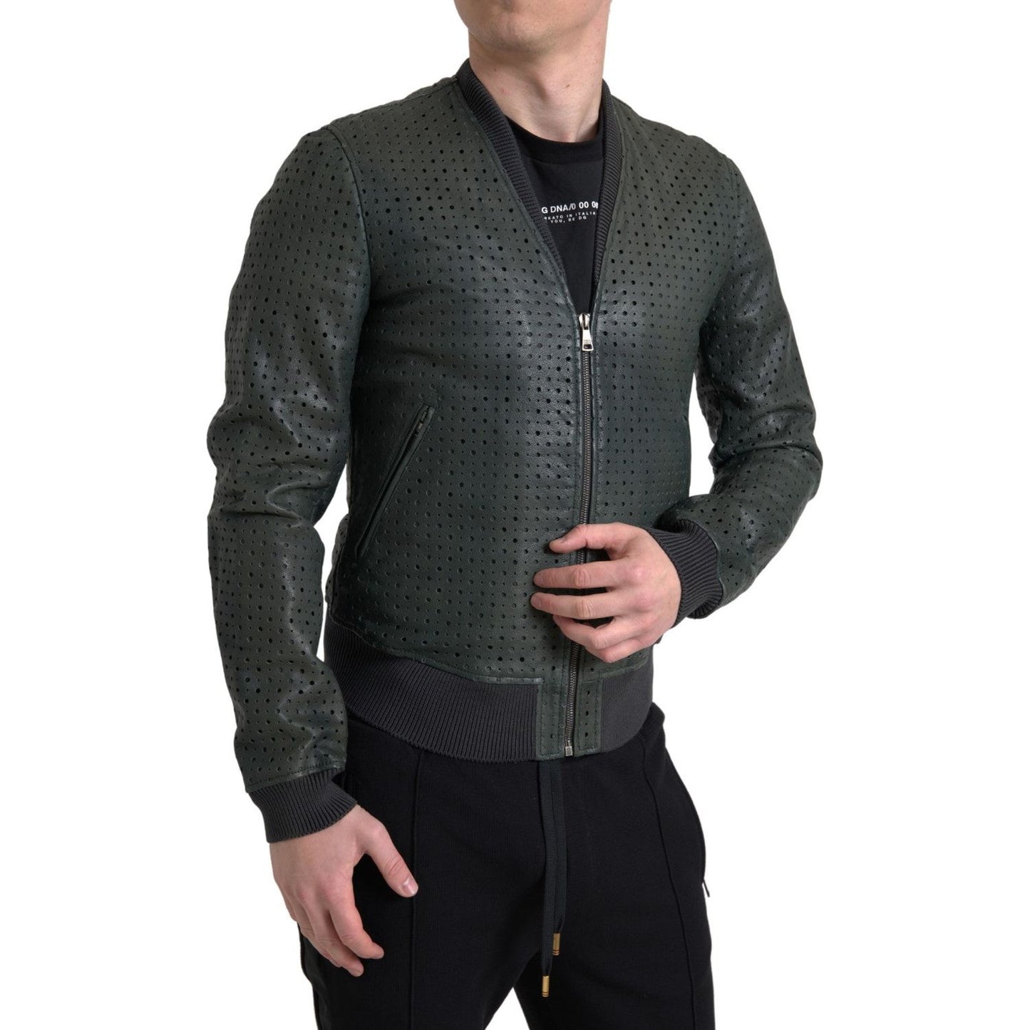 Dolce & Gabbana Green Perforated Leather Bomber Jacket Dolce & Gabbana