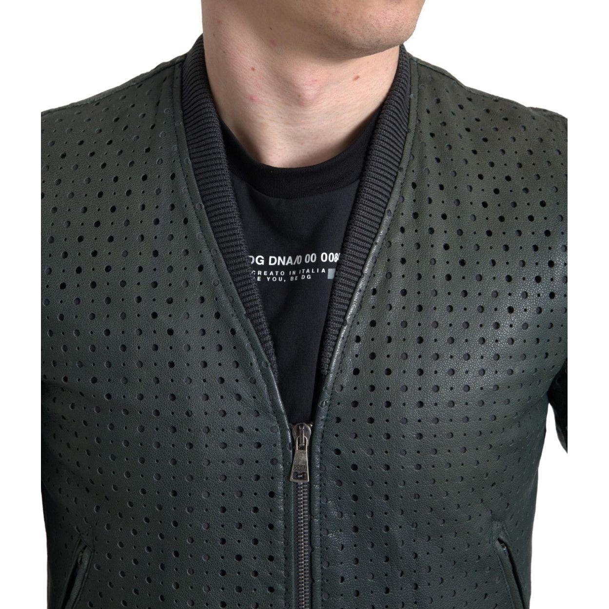 Dolce & Gabbana Green Perforated Leather Bomber Jacket Dolce & Gabbana