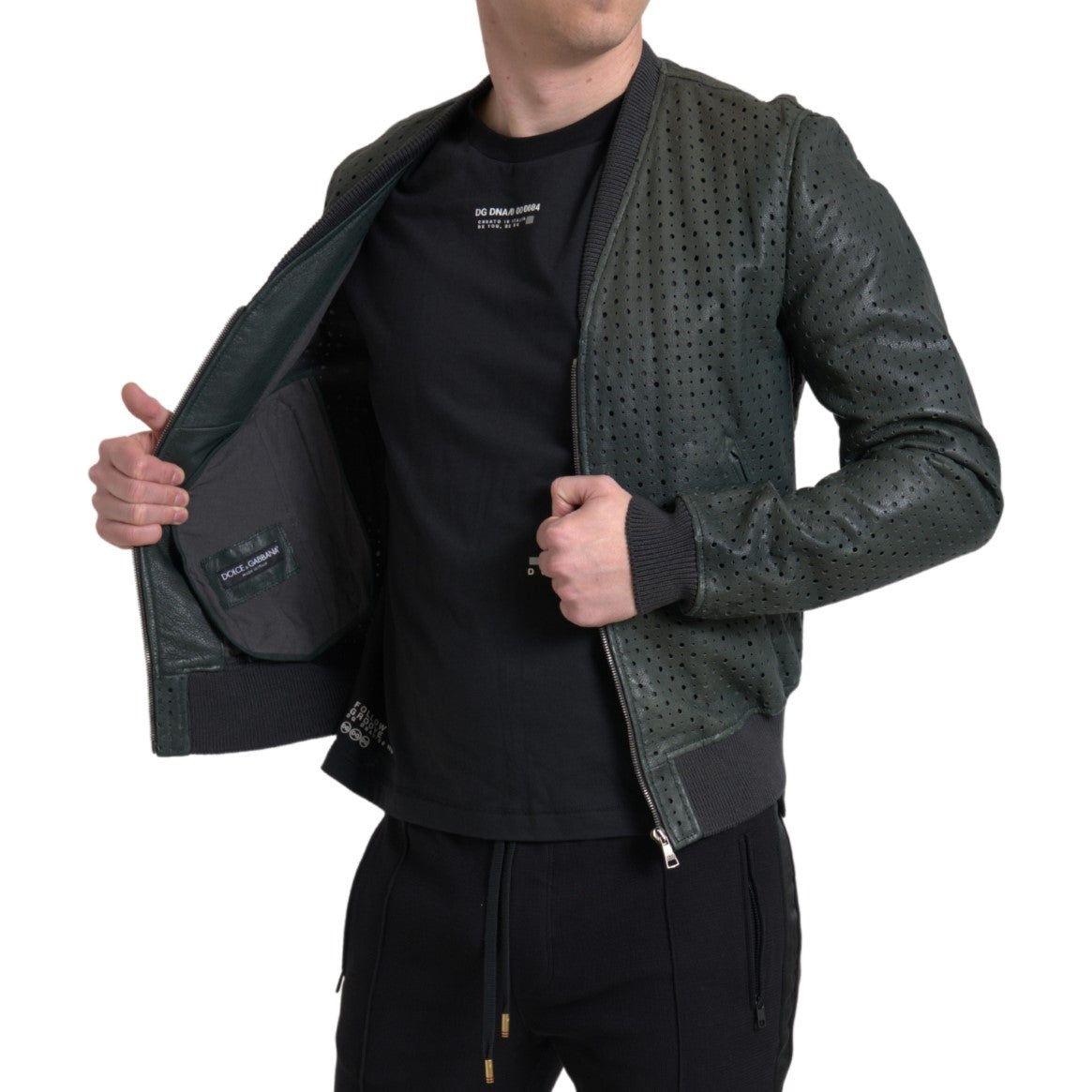 Dolce & Gabbana Green Perforated Leather Bomber Jacket Dolce & Gabbana