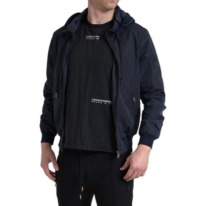 Dolce & Gabbana Blue Hooded Logo Polyester Full Zip Sweater Dolce & Gabbana