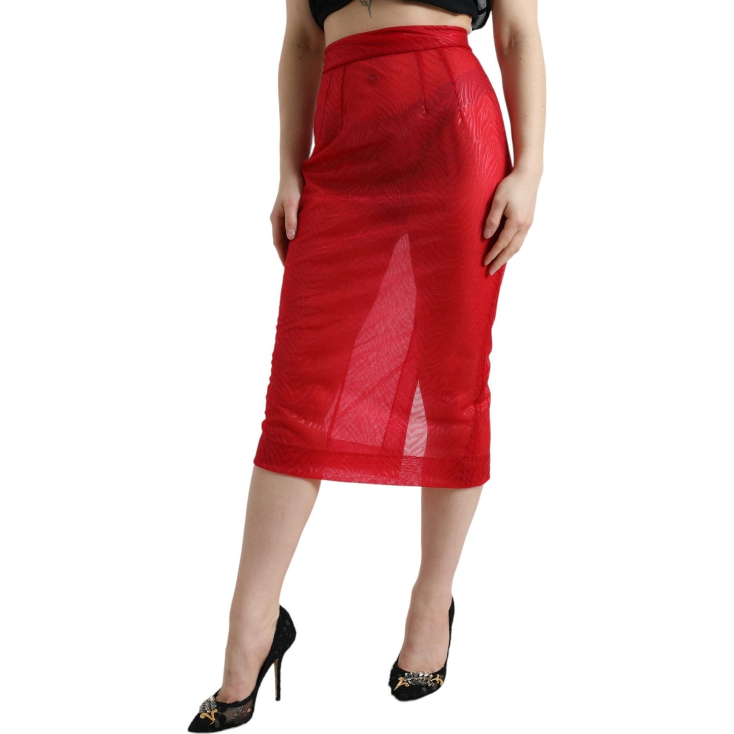 Dolce & Gabbana Red Sheer High Waist Pencil Cut Midi Skirt Dolce & Gabbana