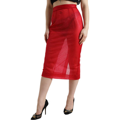 Dolce & Gabbana Red Sheer High Waist Pencil Cut Midi Skirt Dolce & Gabbana