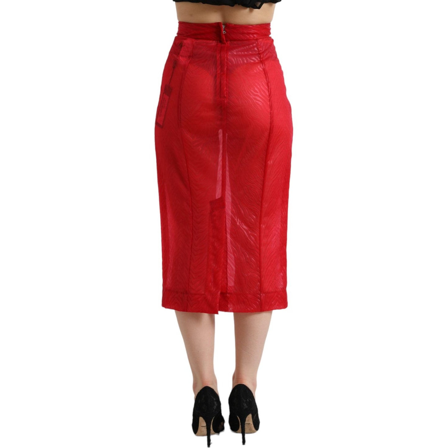 Dolce & Gabbana Red Sheer High Waist Pencil Cut Midi Skirt Dolce & Gabbana