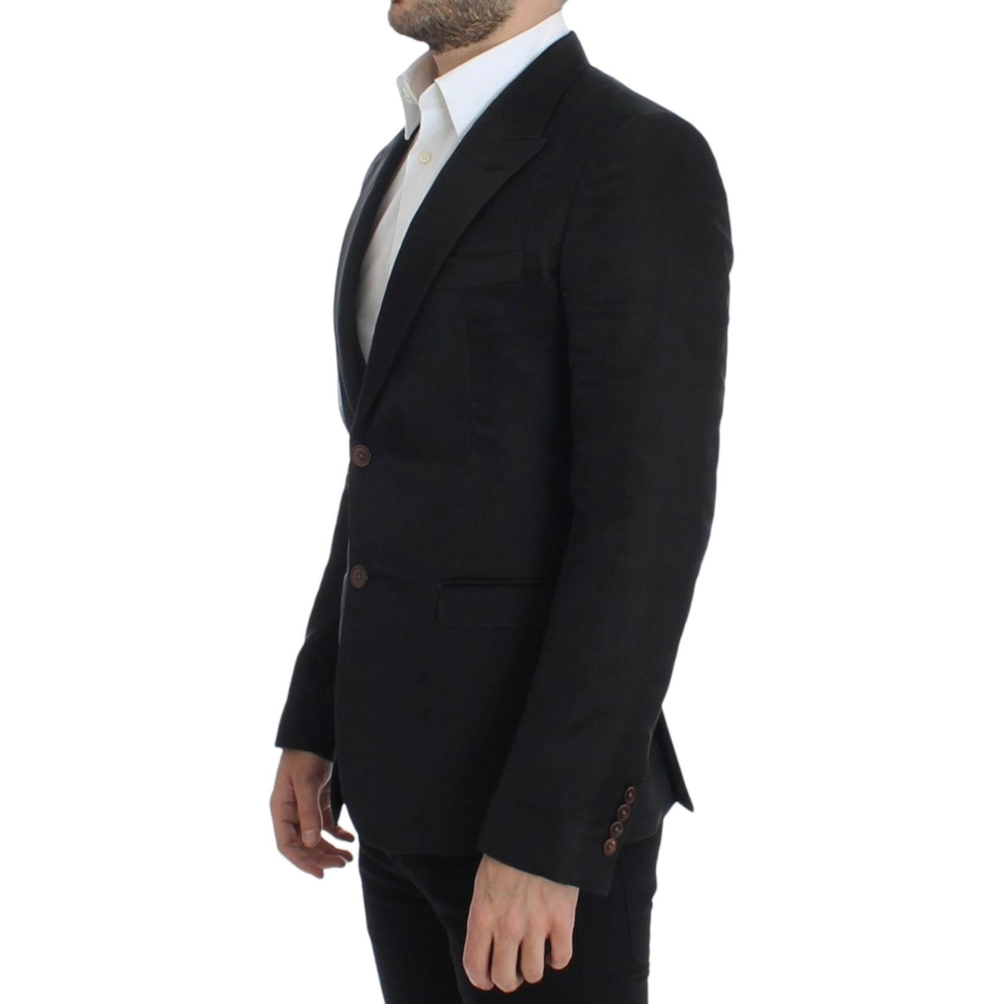 Dolce & Gabbana black silk slim fit blazer displayed from the side, showcasing its elegant style and fit.