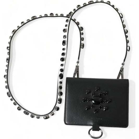 Dolce & Gabbana Black Leather Crystal Embellished Card Holder Wallet