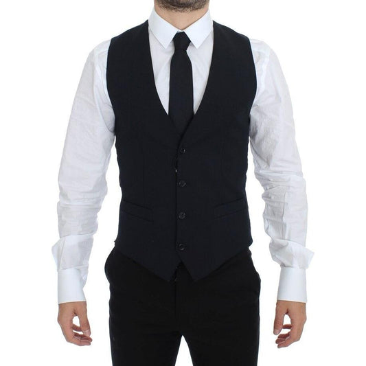 Dolce Gabbana blue wool formal vest worn by a model in a formal setting.