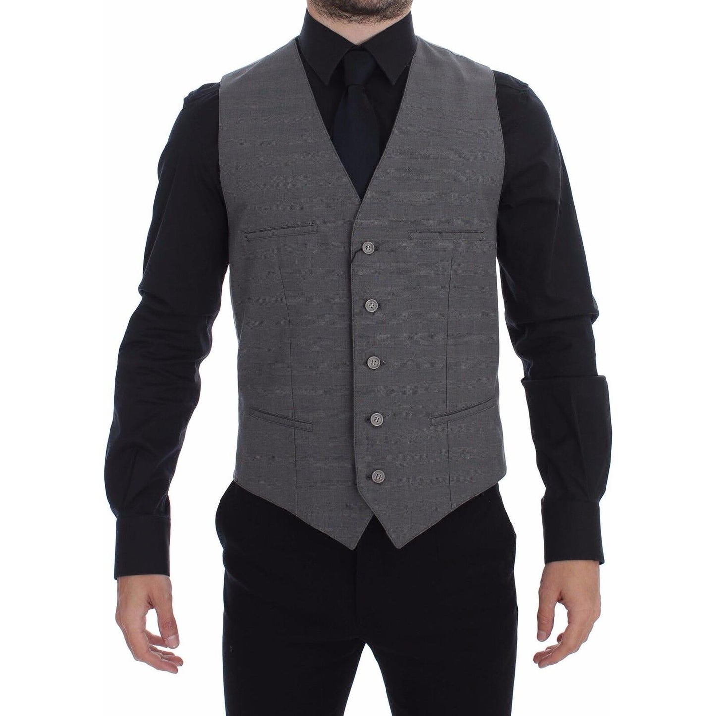 Dolce & Gabbana gray cotton slim fit dress vest displayed on model with black shirt, full button front and four pockets.